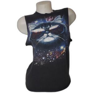 HYBRID Distressed Space Cat with Sunglasses Black Tank Top Womens Size Medium